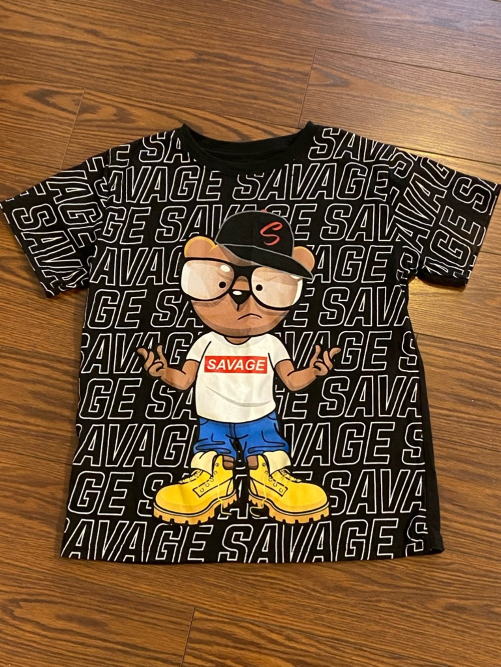 Fresh Laundry Savage Bear T-Shirt Black With Front Print Youth Size Medium EUC